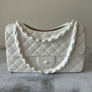 Unique Flower  Vase Ceramic Quilt Purse Handbag White Decor